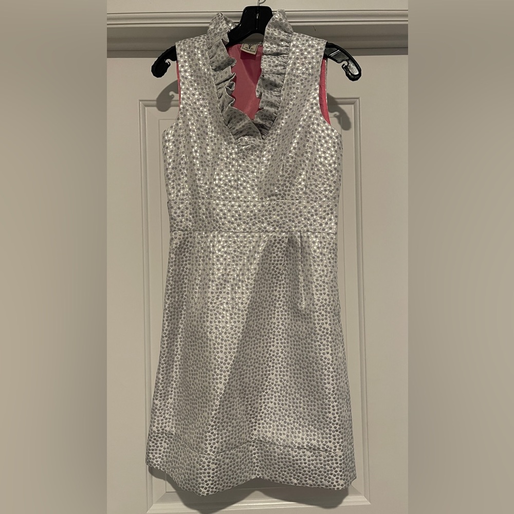 Elegant Silver Ruffle Midi Dress